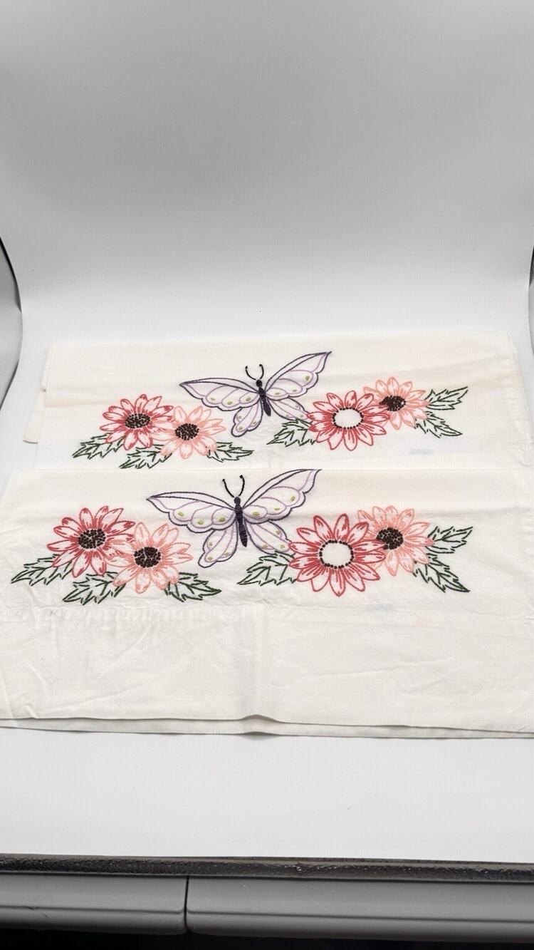 VTG JCPenney Cotton Hand Embroidered Butterfly Flower Pillow Cases Some Yellowin